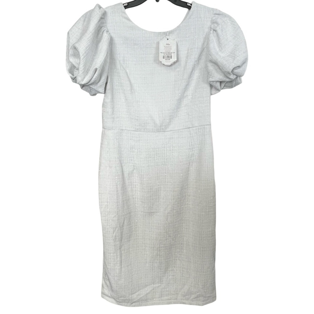 NWT Ivy City Co Holly Dress White Shimmer Puff Sleeve Tweed Sheath Dress Size 12